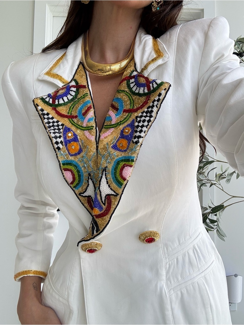 Rare Vintage Cache White Embroidered-Trim Double-Breasted Blazer Pant Suit - Picture 3 of 4